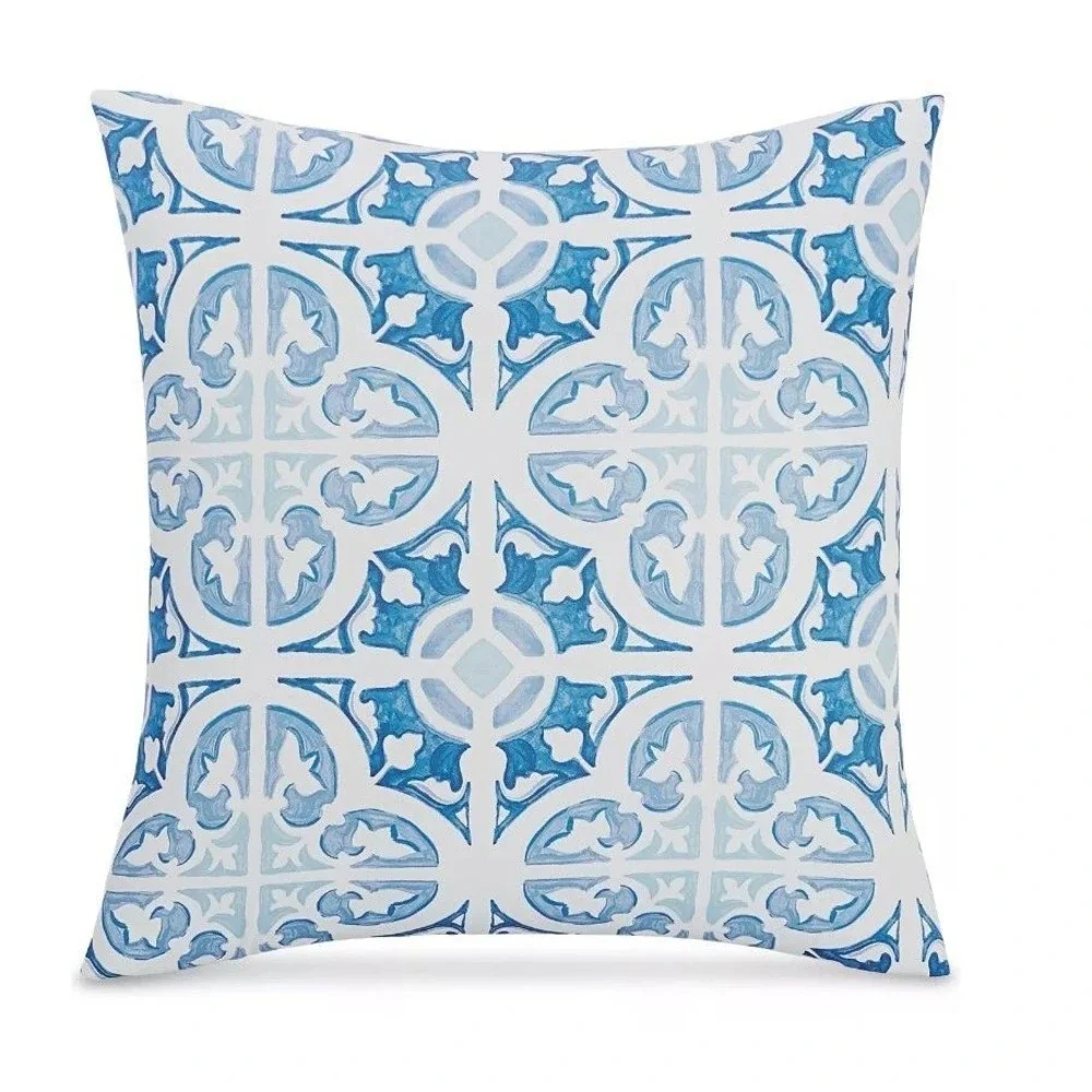 Charter‎ Club Painted Tile Euro Shams Set Blue White Boho Coastal Cotton Beach
